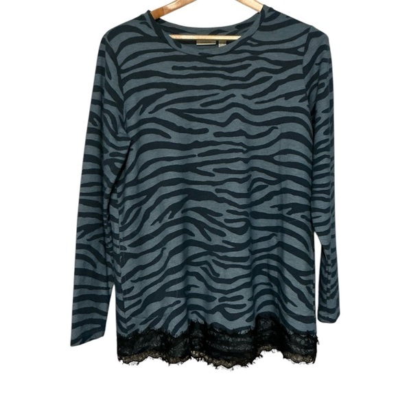 LOGO QVC Lounge by Lori Goldstein French Terry Zebra Top with Lace Hem - Picture 6 of 9